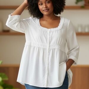 ALEXANDRA BARTLETT | White 100% Linen Babydoll Button-Down Boho Peasant Top | 3X